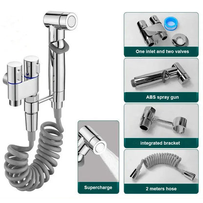 Zinc Alloy High Pressure Bidet Sprayer Kit - Bathroom Toilet Cleaner Spray Gun with 1 In 2 Out Angle Valve, Grey/Silver/Black