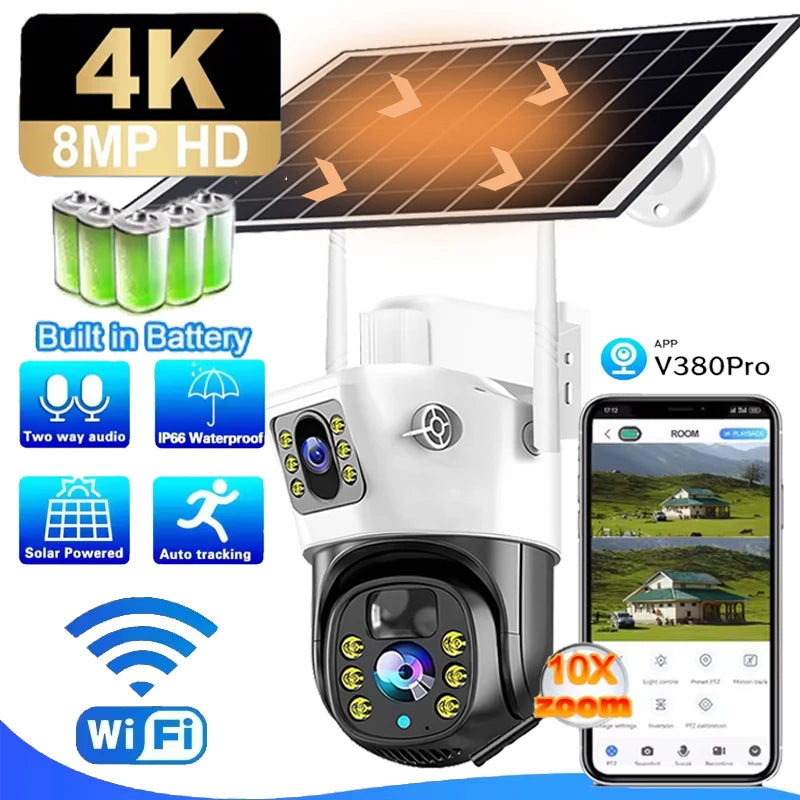 WIFI Security Protection Camera 4K Dual Lens Outdoor PTZ CCTV PIR Human Detection Wireless Surveillance Cam Built-in Battery
