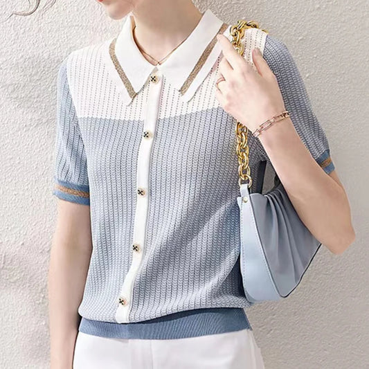 Ropa De Mujer 2024 Summer Casual Tees Patchwork Knitted Tops Women Turn Down Collar Loose T Shirt Female Short Sleeve Tshirts