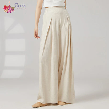 Modern Dance Pant Women Pleat Wide-Leg Trousers Long Straight Elastic Waist Casual Daily Wear Classical Stage Training Costumes