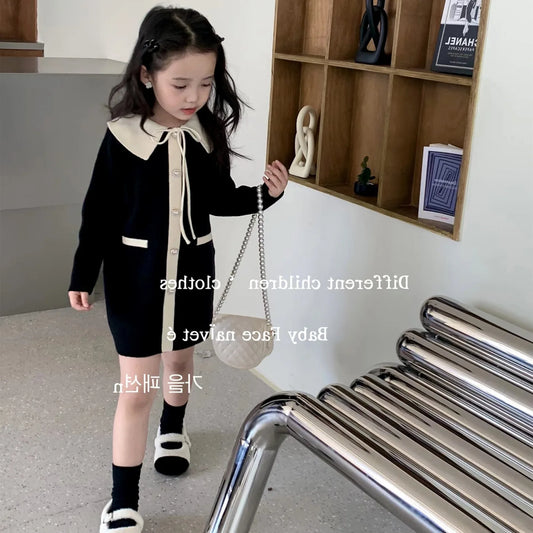 Children Girl Knitwear Dress Autumn Turn Down Collar Elegant Infant Baby Girl Dress Loose Casual Single Breasted Kids Girl Dress