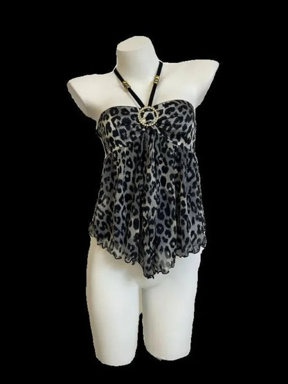 Women Clothing Summer Crop Tops 2025 Ropa Mujer Halter Backless Loose Vest Sweet Korean Camis Korean Leopard Print Sexy Tanks