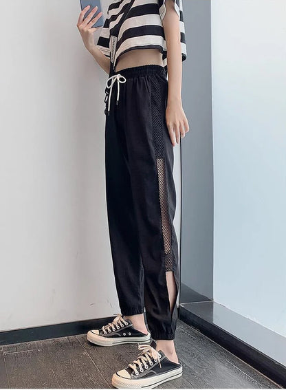 Woman Cropped Trousers Ice Silk Summer Sweat Home Sports Pants for Women Joggers Jogging Fashion Harem Sarouel Sweatpants Ripped