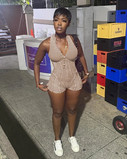 Women Ribbed 1 Piece Rompers 2025 Summer Casual Washed Retro Playsuits Street Clothes Sexy V Neck Sleeveless Bodycon Jumpsuits