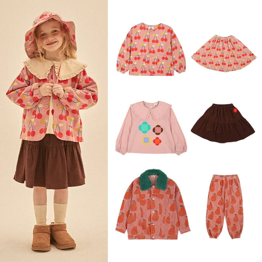 Winter Clothes Girl Tops And Skirts Suit Children Cherries Clothes Set Fashion Kid Pants Cotton Jacket Children Fashion Clothes