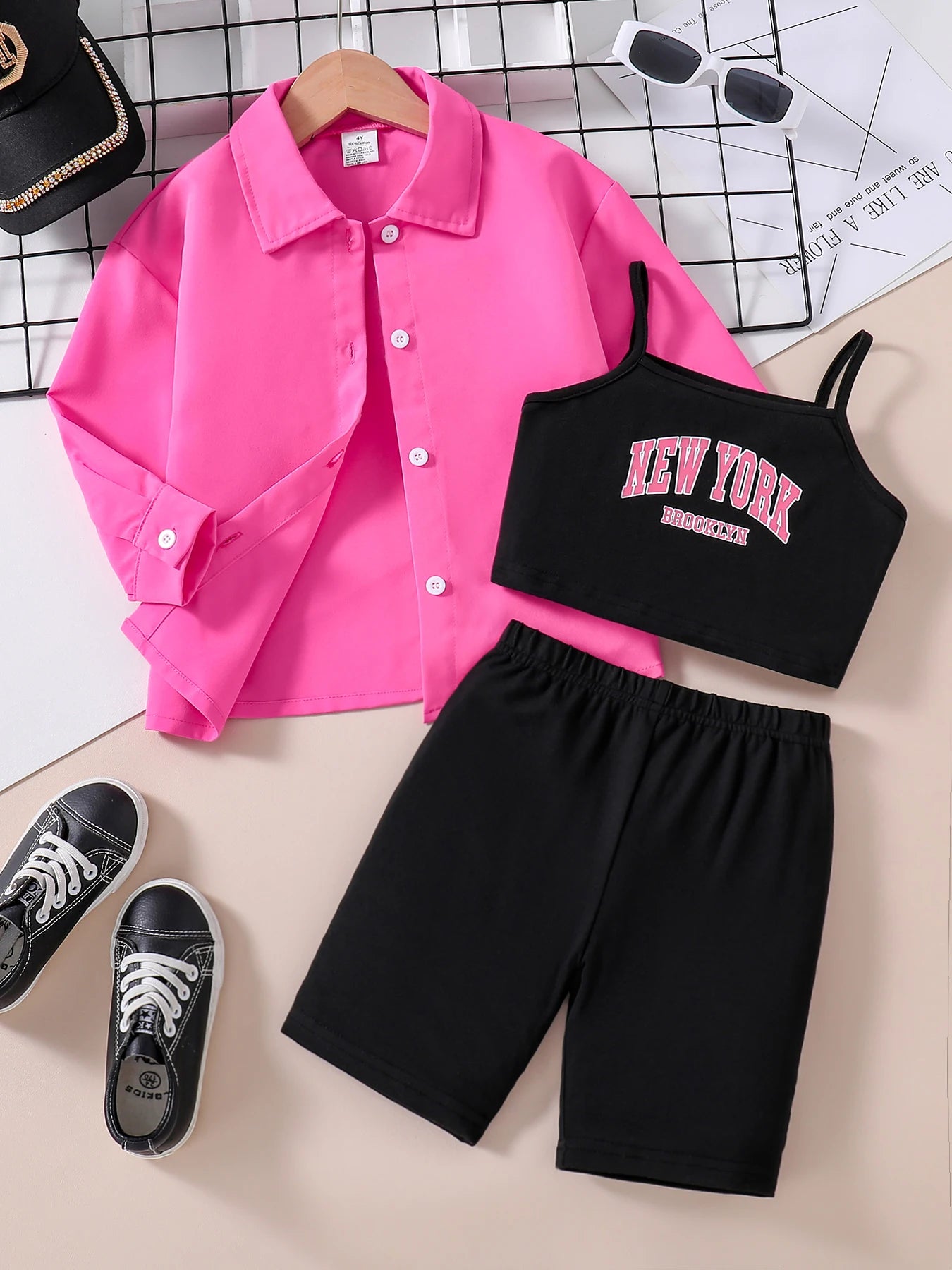 Children's clothing autumn girls fashion set rose red shirt+black camisole top+black shorts 3-piece set