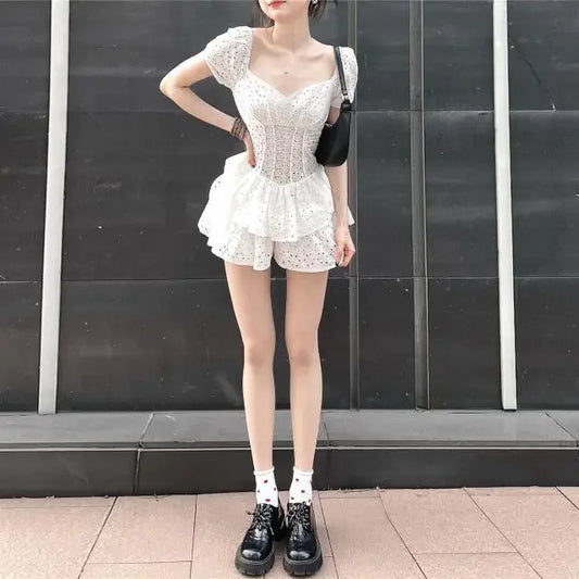 Women Dresses Square Collar Hollow Ruffled Girl Short Culottes Vestido De Mujer Femme Robe