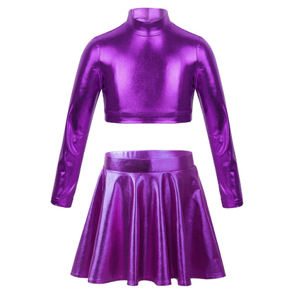 Children Clothing Girl Metallic Sleeveless Tops Flared Pleated A-Line Mini Short Skirt Kids Outfits 2pcs Clothes Set Dance Wear