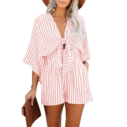 Womens Sexy Deep V-neck Romper Summer Loose Stripe Playsuit Ladies Fashion Holiday Pants Beach Lace Up Jumpsuit Ropa Mujer 2024