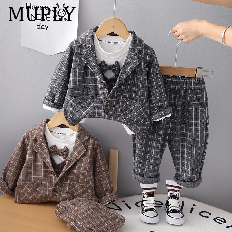 Children Clothing Spring Autumn Baby Boys Wear Infant Lapel Plaid T-Shirt Pants 3pcs/sets Toddler Casual Suit 0-5 Years