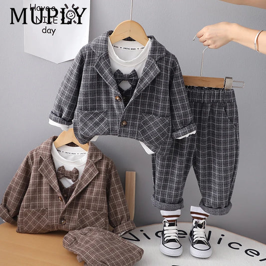 Children Clothing Spring Autumn Baby Boys Wear Infant Lapel Plaid T-Shirt Pants 3pcs/sets Toddler Casual Suit 0-5 Years