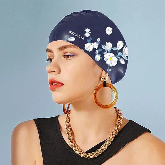 Silicone Swimming Cap Waterproof High Elastic Swim Cap for Women Long Hair Comfortable Adults Printed Swimming Cap