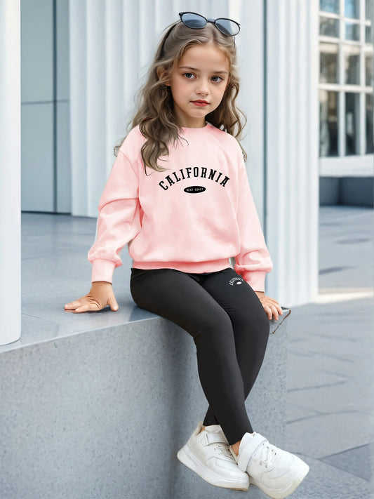 Children's Clothing Girls Spring and Autumn Suits Girls Retro Letter Printed Sweatshirts and Leggings Suits Girls Comfortable at Home and Versatile Clothes for Going Out