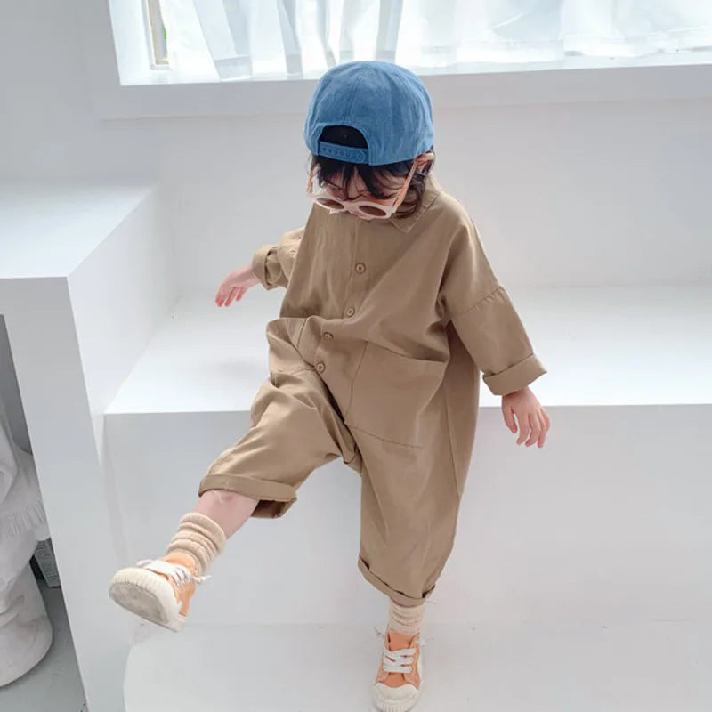 Children Clothing Jumpsuit Autumn New Boys Girls Casual Letter Tooling Denim Baby Kids Clothes Japanes & Korean Style 1-7 Y
