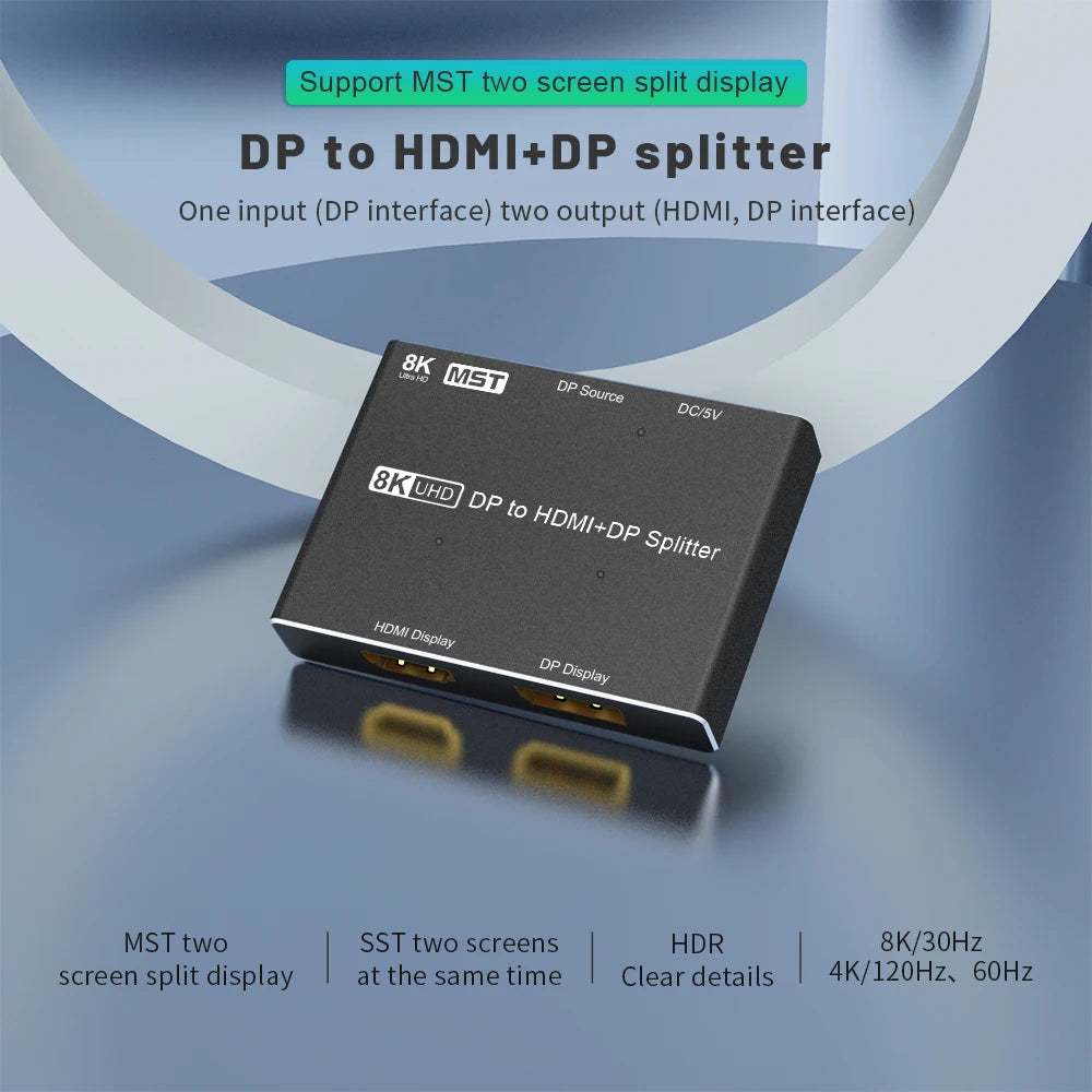 DP1.4 to HDMI-Compatible/Displayport Splitter UHD 1x2 MST SST Hub 8K@30Hz 4K @120Hz HDR 4:4:4 for DP HD Video Displays Splitter