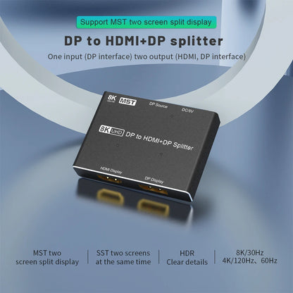DP1.4 to HDMI-Compatible/Displayport Splitter UHD 1x2 MST SST Hub 8K@30Hz 4K @120Hz HDR 4:4:4 for DP HD Video Displays Splitter