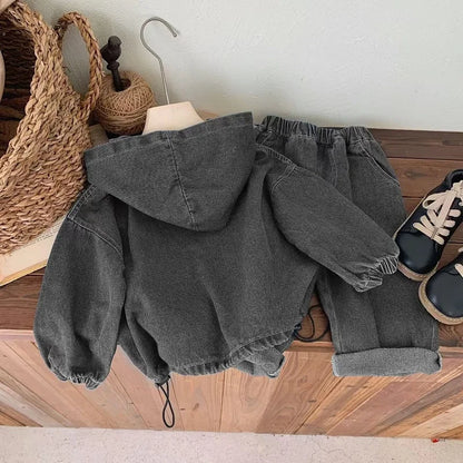 Children's clothing Spring and Autumn, boys' denim hooded sweatshirt, women's Baoyang solid color long sleeved top and pants set
