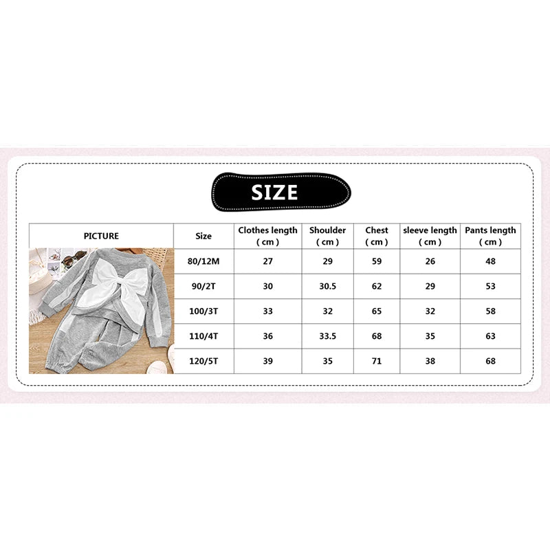 Kids Casual Clothing Sets Outfits for Girls Gray Bow Fashion Top + Sweatpants 2Pcs Baby Toddle Spring Autunmn Loose Clothing Set