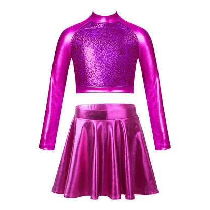 Children Clothing Girl Metallic Sleeveless Tops Flared Pleated A-Line Mini Short Skirt Kids Outfits 2pcs Clothes Set Dance Wear