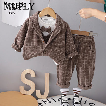 Children Clothing Spring Autumn Baby Boys Wear Infant Lapel Plaid T-Shirt Pants 3pcs/sets Toddler Casual Suit 0-5 Years