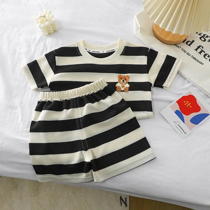 Children's Clothes Short-sleeved Suit Striped Top+shorts 2-piece T-shirt Summer Baby Clothes Children Clothing Boys Girls