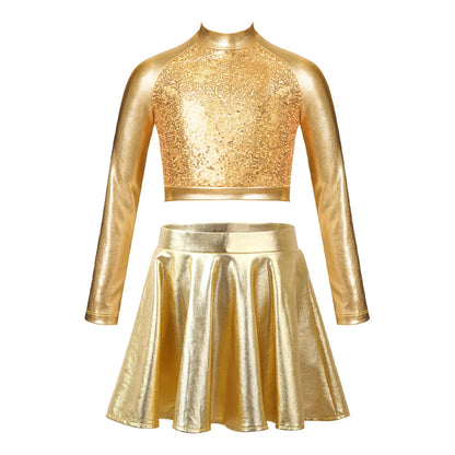 Children Clothing Girl Metallic Sleeveless Tops Flared Pleated A-Line Mini Short Skirt Kids Outfits 2pcs Clothes Set Dance Wear