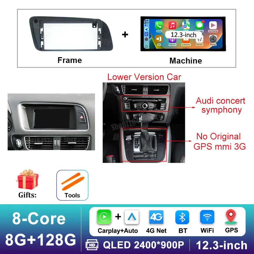 12.3 inch GPS Navigation Wireless Carplay Android 14 for Audi Q5 2009 - 2017 BT Car Multimedia Video Radio Player 4G Auto Tools