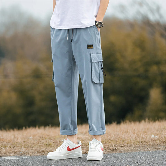 Men's Cargo Pants Casual Hip Hop Hit Color Multiple Pockets Trousers Streetwear Ribbons Techwear Sweatpants Boys