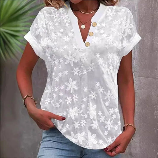 Blusa Mujer Tendencia 2025 Women Casual Short Sleeved Tight Fitting Top, Light Colored Top, V-neck, White 2025 Blusas Para Mujer