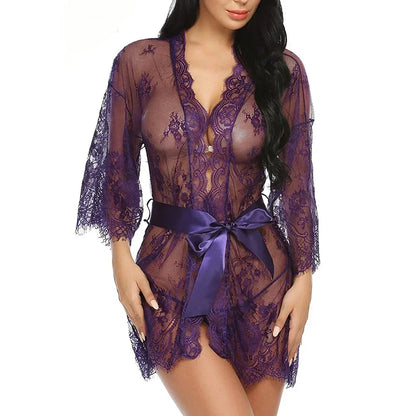 Sexy Lace Robe Dress+G String Thongs Women Erotic Transparent Sleepwear Pajamas Lace Nightdress Mujer Pornos Costumes Underwear
