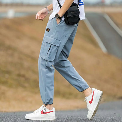 Men's Cargo Pants Casual Hip Hop Hit Color Multiple Pockets Trousers Streetwear Ribbons Techwear Sweatpants Boys