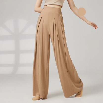 Modern Dance Pant Women Pleat Wide-Leg Trousers Long Straight Elastic Waist Casual Daily Wear Classical Stage Training Costumes
