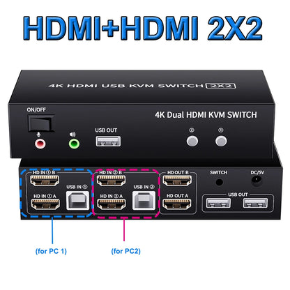 DisplayPort HDMI KVM Switch Dual Monitor 4K 60Hz 2X2 KVM Switch HDMI 2.0 USB DisplayPort for 2 monitors extended Mirror mode