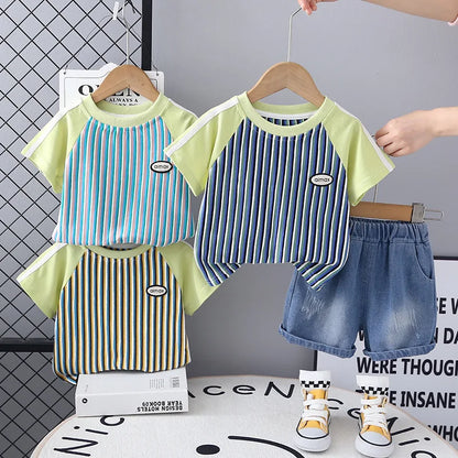 Baby Children's Summer Clothes Set 1-5Y Raglan Sleeve Striped T-shirt and Denim Shorts Boys 2pcs Suit Kid's Short Sleeve Outfit