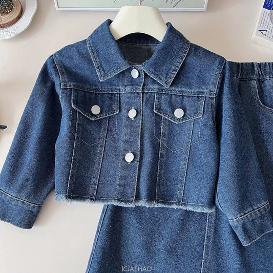 Teen Girl Clothes Little Baby 2 Piece Clothing DenimPiece Sets Fashion Children Autumn Outfits Kids Jacket and Long Skirts Two