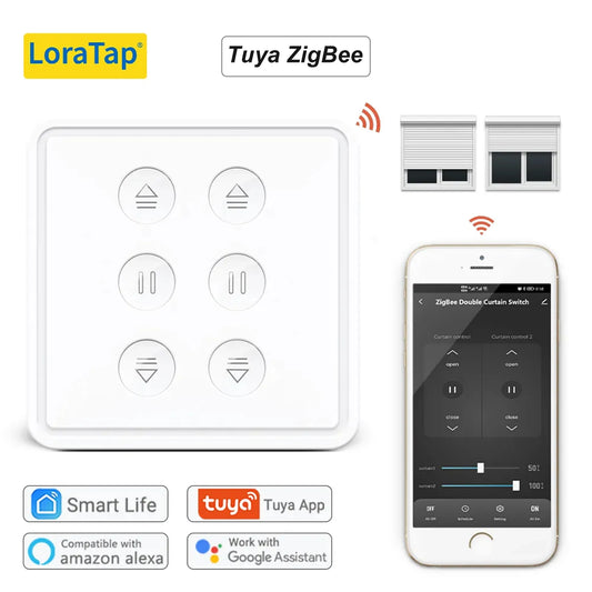 LoraTap Tuya ZigBee 3.0 EU Double Curtain Switch for Tubular Motor Google Home Alexa Voice Control Work with Zigbee2MQTT DIY