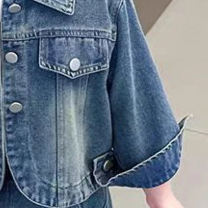 Korean Clothes for Children Spring Autumn New Baby Girls' Loose Fashion  Denim Jacket Pants Kids Casual Top Jeans 2 Pcs Set