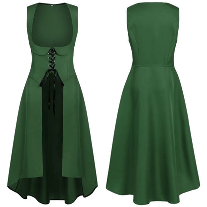 Women Renaissance Dress Peasant Pirate Medieval Tight Waist Apron High Low Dress