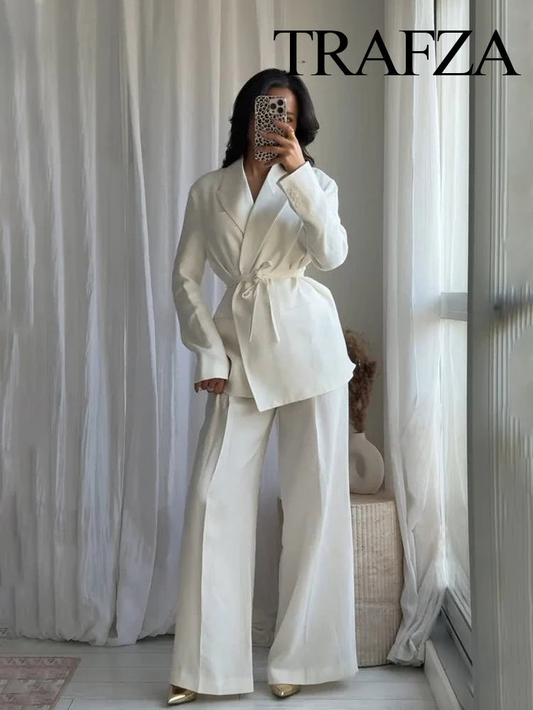 HH Women's Suits White Turn-Down Collar Long Sleeves Lace-Up Blazers+High Waist Zipper Long Pants Female Spring Fashion Sets