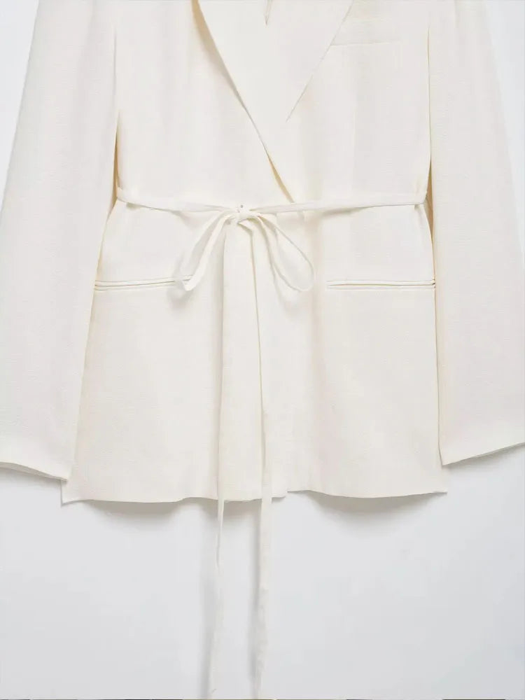 HH Women's Suits White Turn-Down Collar Long Sleeves Lace-Up Blazers+High Waist Zipper Long Pants Female Spring Fashion Sets