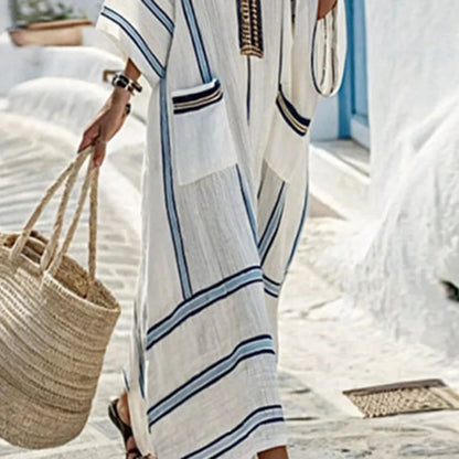 Robes for Woman New V Neck Loose Boho Dress Ethnic Spring Striped Print Pocket Long Maxi Dress Summer Short Sleeve Holiday Dress