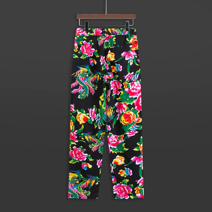 Red Men's Printed Suit Pants, Fashion Casual Trousers, Black Nostalgic Style Pantalones Hombre M-5XL Cotton Pant