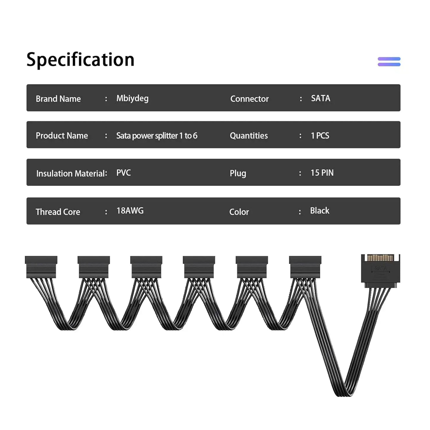 Sata Power Splitter Cable 6 Way, 15 Pin SATA to 1 To5/6 for HDD、SSD、Optical Drives, sata Power Connector Supply Extension Cabl