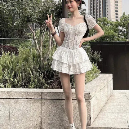 Women Dresses Square Collar Hollow Ruffled Girl Short Culottes Vestido De Mujer Femme Robe