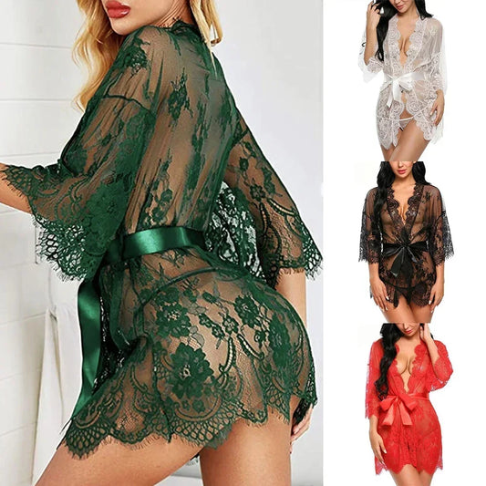 Sexy Lace Robe Dress+G String Thongs Women Erotic Transparent Sleepwear Pajamas Lace Nightdress Mujer Pornos Costumes Underwear