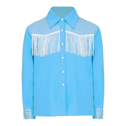 Children Clothes Kid Girls Sequins Fringe Shirt Lapel Long Sleeves Button-down Shirts Western Cowgirl Dress Up Halloween Costume