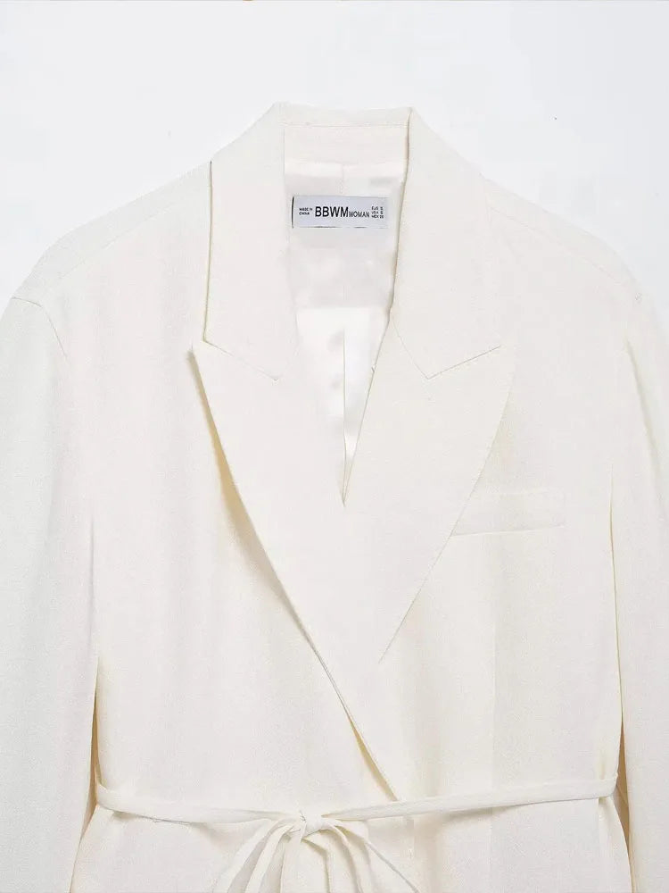 HH Women's Suits White Turn-Down Collar Long Sleeves Lace-Up Blazers+High Waist Zipper Long Pants Female Spring Fashion Sets