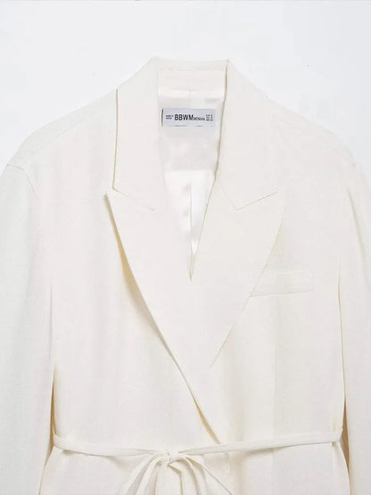 HH Women's Suits White Turn-Down Collar Long Sleeves Lace-Up Blazers+High Waist Zipper Long Pants Female Spring Fashion Sets