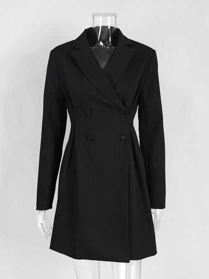 Woman Clothes Elegant Double Breasted Tunics Blazer Dresses Office Lady Notched Long Sleeve Buttons Solid Black Short Dress