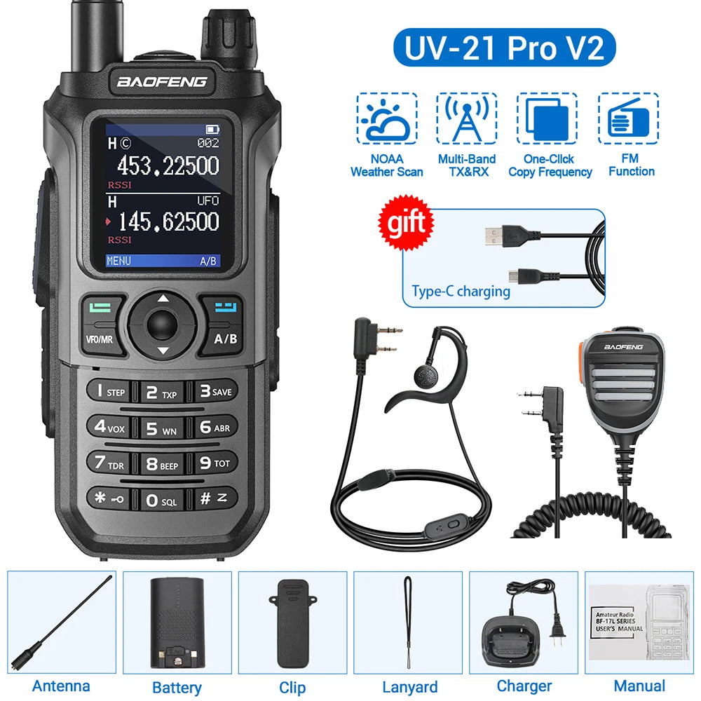 Baofeng UV-21 Pro V2 Wireless Copy Frequency Mutli Band Powerful Waterproof Long Range UV-5R Long Range Type-C Two Way Ham Radio